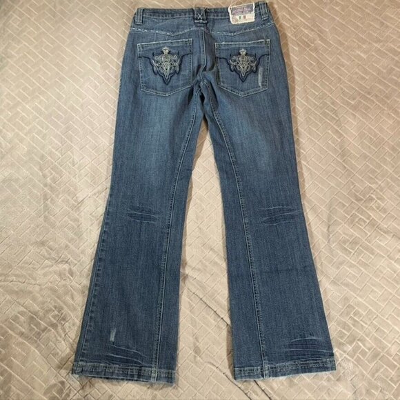 Leo Roma Women 9 Denim Jeans Blue Flare Low Rise Western Y2K Embroidered Pockets - Picture 7 of 12
